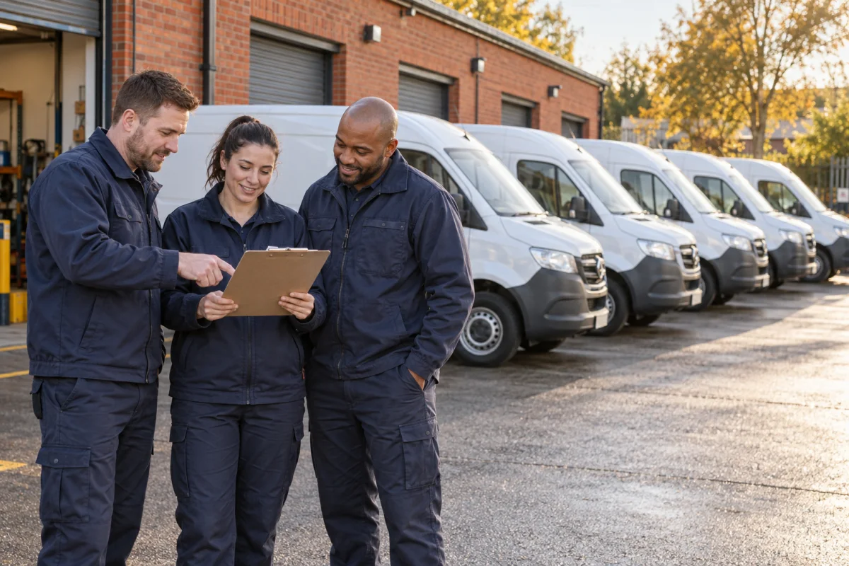 Small business team preparing for the day beside a row of white vans