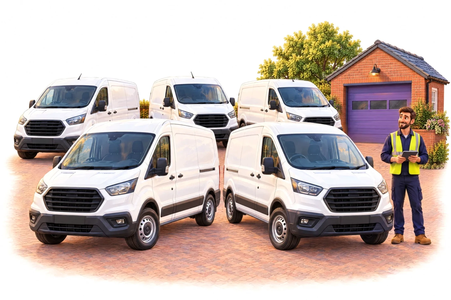 Five parked white vans and a fleet supervisor at a textured 3D British depot