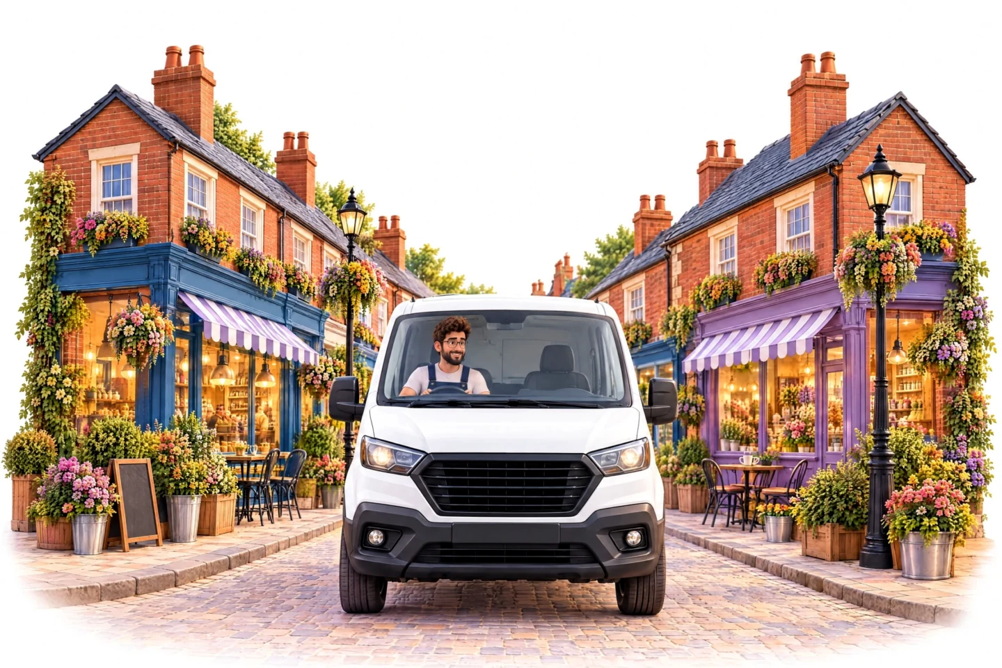 A tradesman in a parked white van on a textured 3D British high street