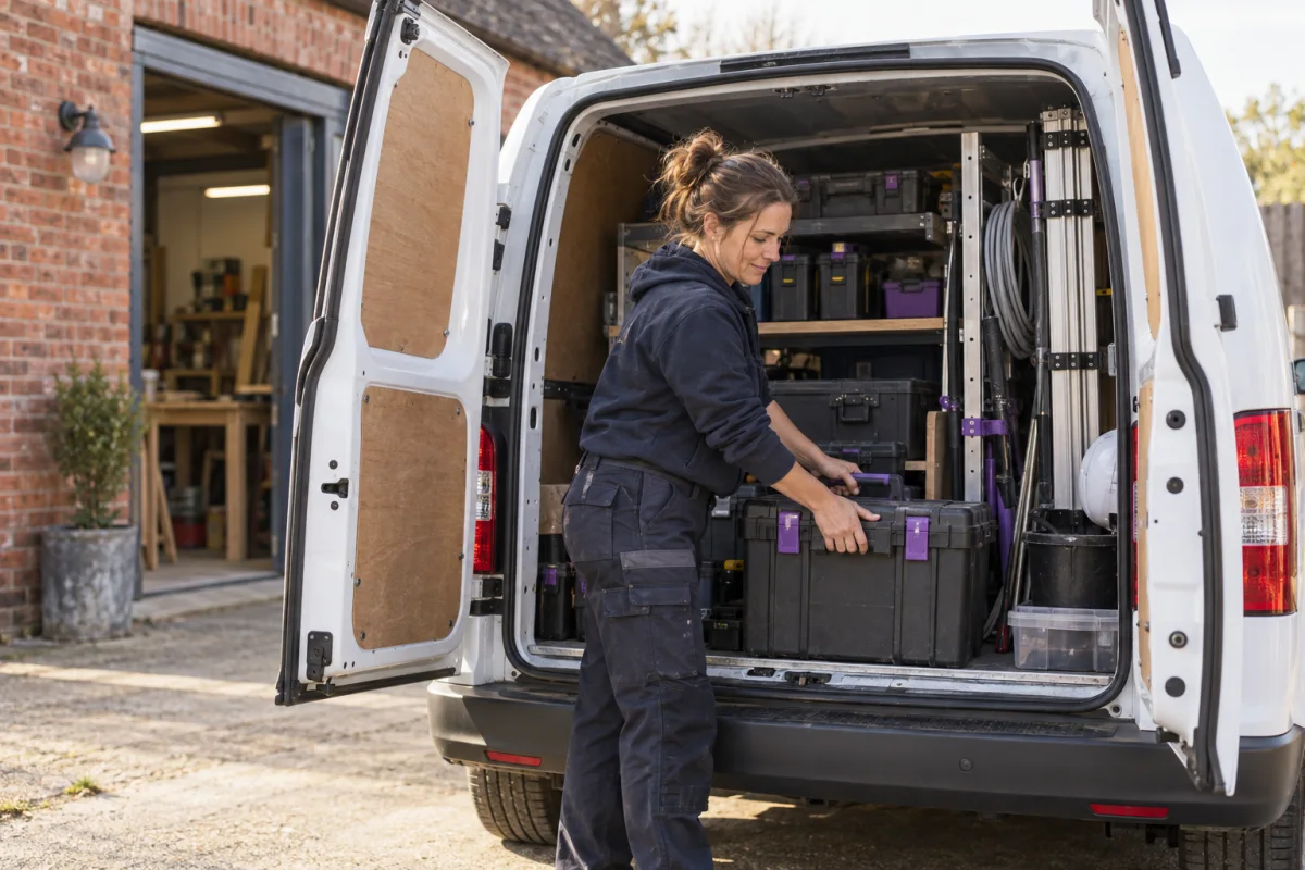Tradesperson organising tools in a white van outside a workshop